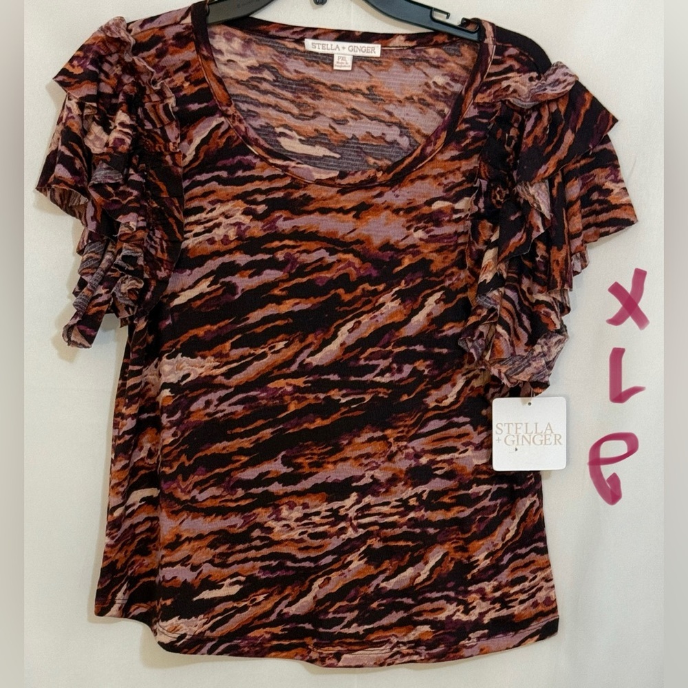 Brown and Black Ruffled Short Sleeve Blouse
